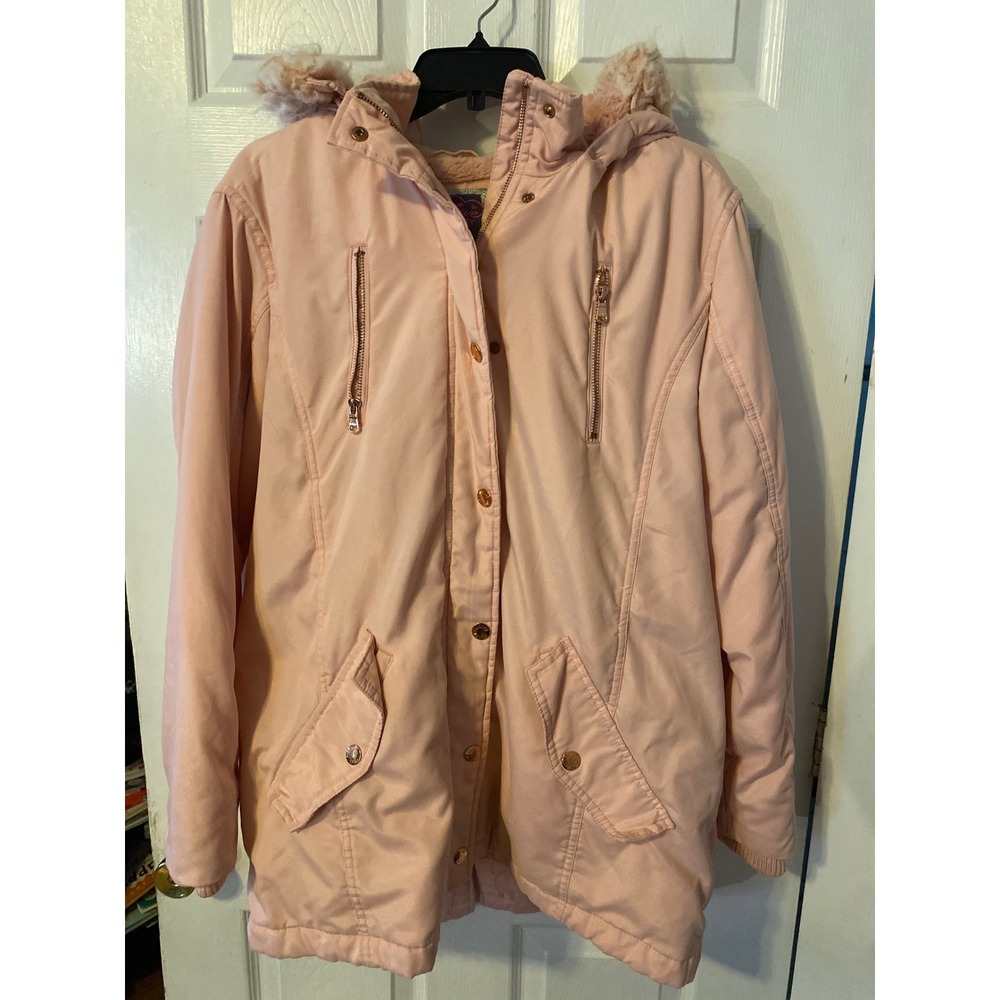 Justice Girls Pink Faux Fur Trim Hooded Parka Jacket Coat Size 24 Plus